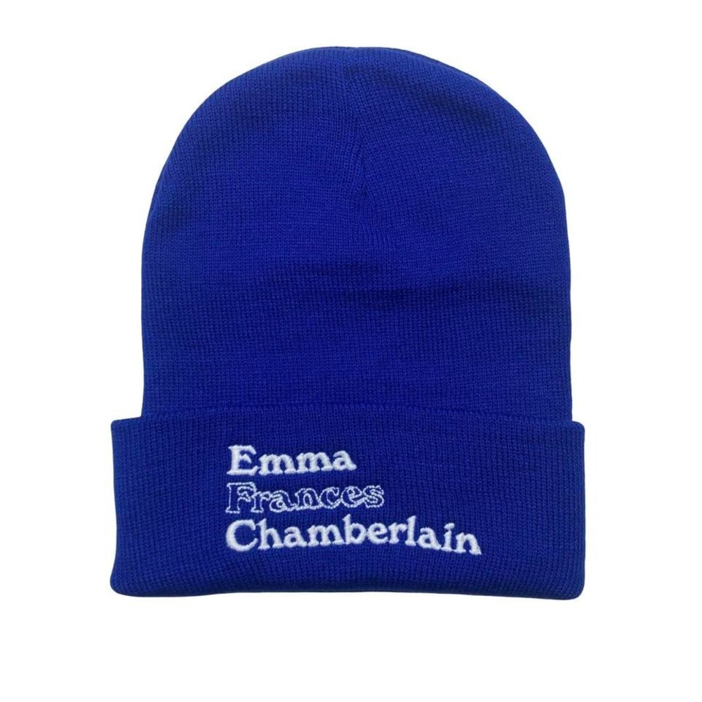 Emma Chamberlain blue embroidered beanie